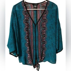 Ali Miles Teal Leopard Print Loose Fit Sheer Blouse. Sz L.